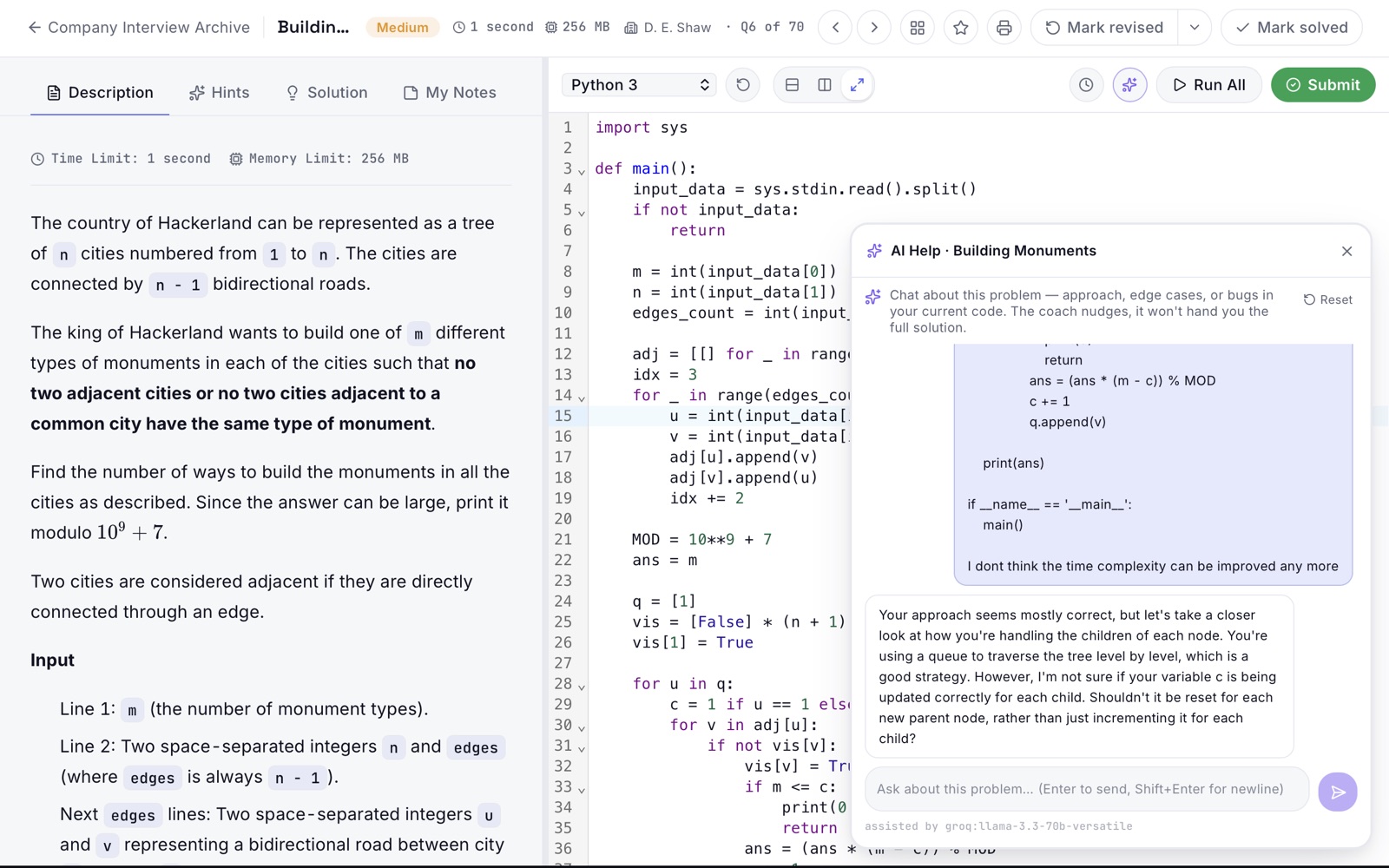 Ediky practice workspace on the Building Monuments problem, with Python code in the editor and the AI coach chat giving a nudge